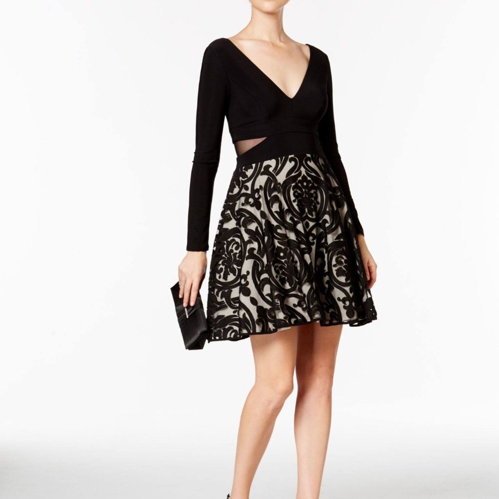 Avery G Longsleeve Mesh Detailed Cocktail Dress with Flare